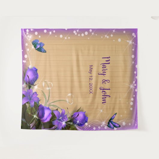 素朴な木製の紫色の花と蝶の背景 タペストリー (正面(横))