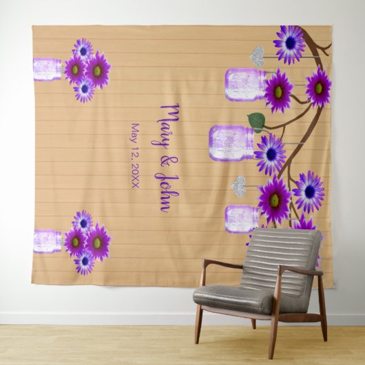 素朴な木製の紫色の花模様のメイソンジャー写真用背景 タペストリー (インサイチュ(横))