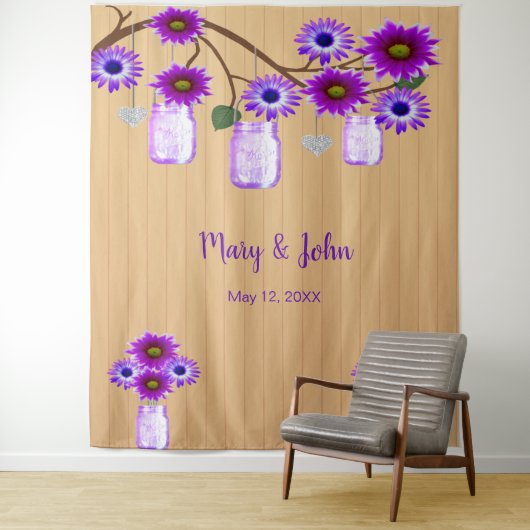 素朴な木製の紫色の花模様のメイソンジャー写真用背景 タペストリー (インサイチュ)