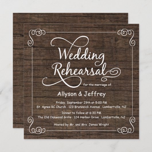 素朴な木製の結婚式のリハーサルの夕食の招待状 招待状 (正面/裏面)