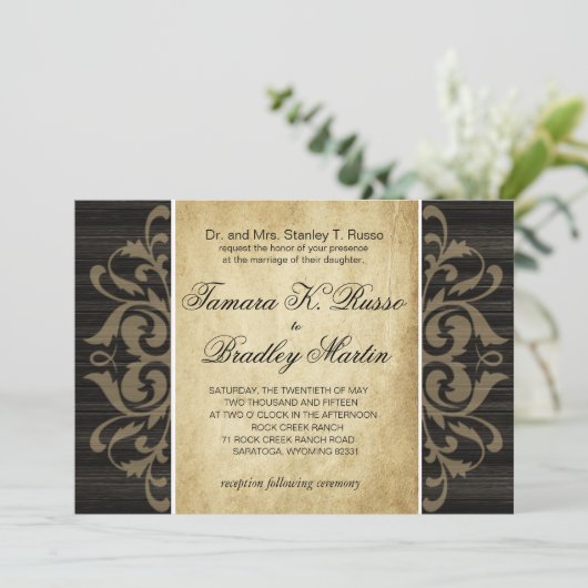 素朴な木製の線条細工の結婚式|の黒檀の日焼け 招待状 (スタンド正面)