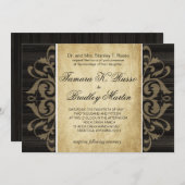 素朴な木製の線条細工の結婚式|の黒檀の日焼け 招待状 (正面/裏面)