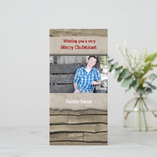 素朴な木製の羊皮紙の国のクリスマスの写真カード シーズンカード (スタンド正面)