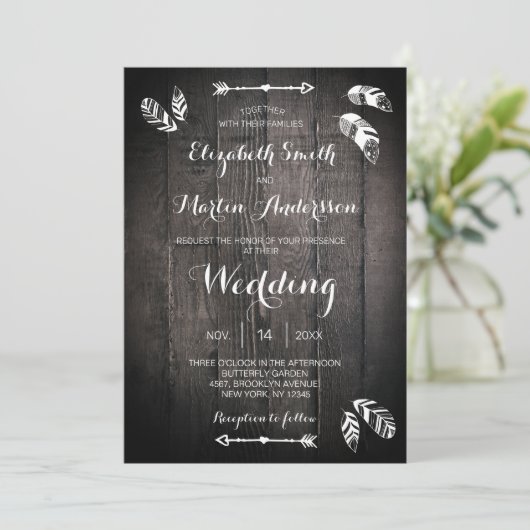 素朴な木製の羽根のシンプルな結婚式の招待状 招待状 (スタンド正面)