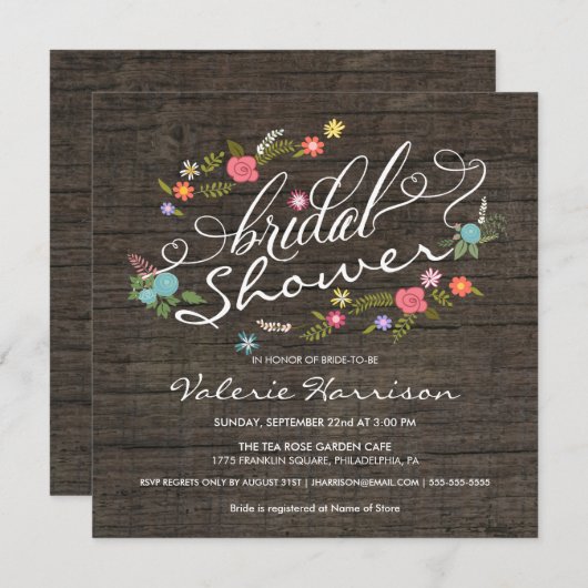 素朴な木製の花のリースのブライダルシャワーの招待 招待状 (正面/裏面)