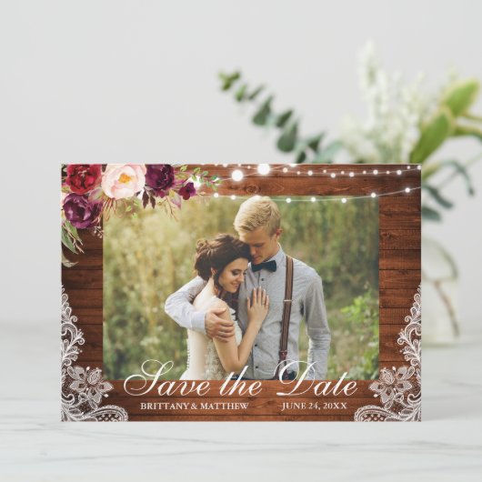 素朴な木製の花の光のレースの写真 セーブザデート (スタンド正面)