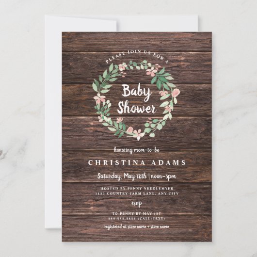 素朴な木製の花の女の子のベビーシャワーの招待 招待状 (正面)