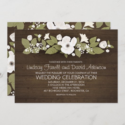 素朴な木製の花の結婚式招待状 招待状 (正面/裏面)