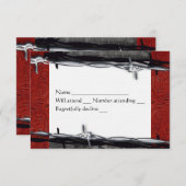 素朴な木製の赤い革有刺鉄線のカウボーイのrsvp 出欠カード (正面/裏面)