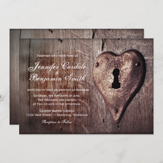 素朴な木製の金属のハートロックの結婚式招待状 招待状 (正面/裏面)