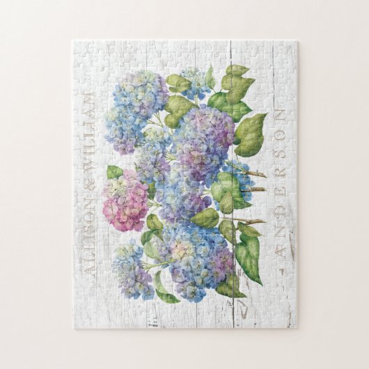 素朴な木製の青いアジサイはモノグラムのつなぎます ジグソーパズル (縦)