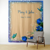 素朴な木製の青い花と蝶の背景 タペストリー (インサイチュ)