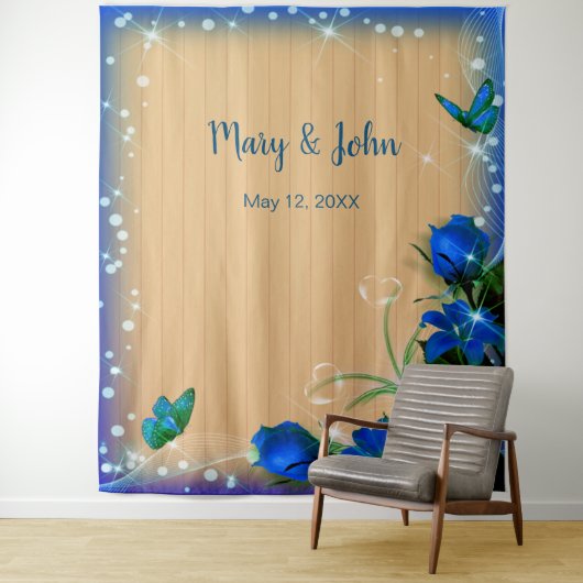 素朴な木製の青い花と蝶の背景 タペストリー (インサイチュ)