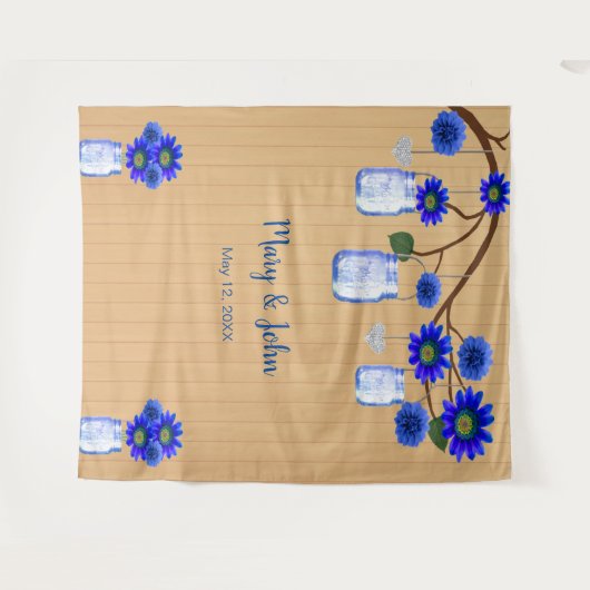 素朴な木製の青い花柄のメイソンジャー 写真用背景 タペストリー (正面(横))