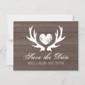 素朴な木製の鹿の角の結婚式の「save the date」お知らせ, 磁石式の「save the d マグネット招待状 (正面)