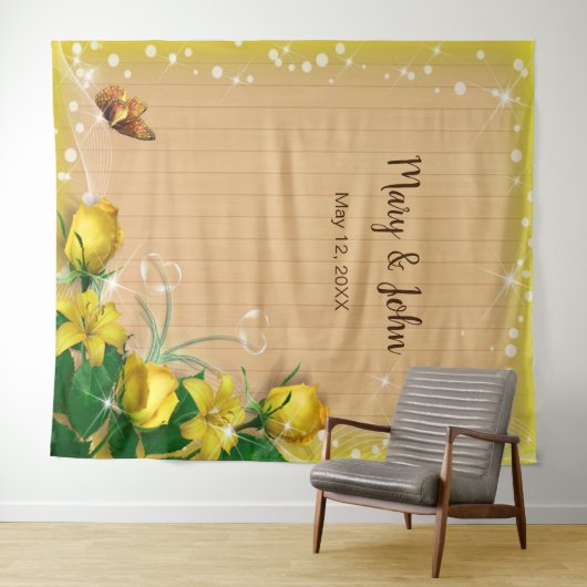 素朴な木製の黄色の花と蝶の背景 タペストリー (インサイチュ(横))