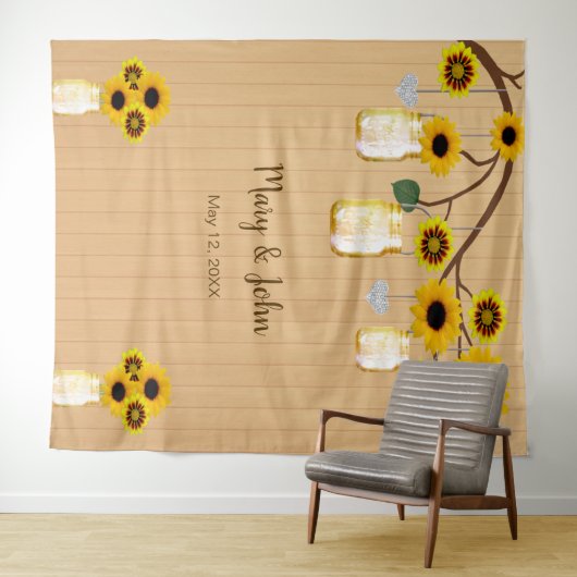 素朴な木製の黄色の花柄のメイソンジャー写真用背景 タペストリー (インサイチュ(横))