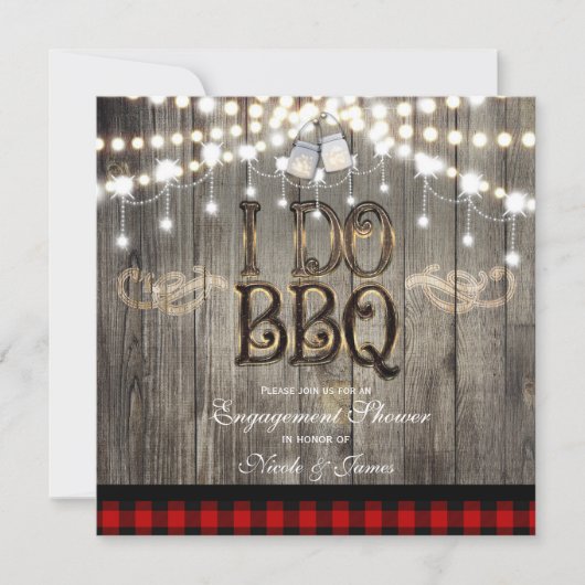 素朴な木製の「I DO BBQ」ウェディングエンゲージメントシャワープレート 招待状 (正面)