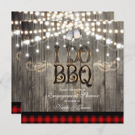 素朴な木製の「I DO BBQ」ウェディングエンゲージメントシャワー 招待状 (正面/裏面)