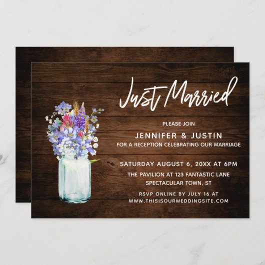 素朴な木製の「Just Married」マスンジャー入りのワイルドフラワー 招待状 (正面/裏面)