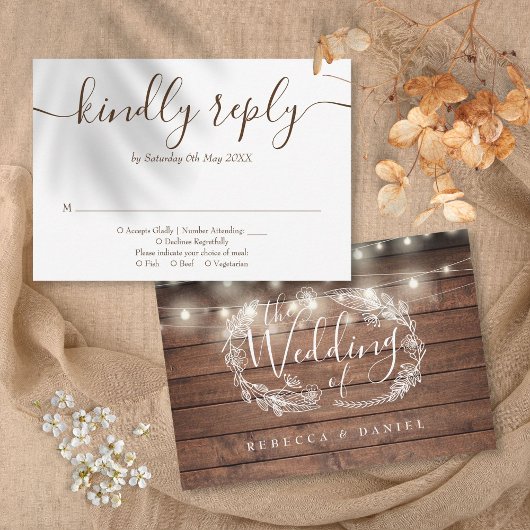 素朴な木製ストリングライトの花スクリプト 出欠カード