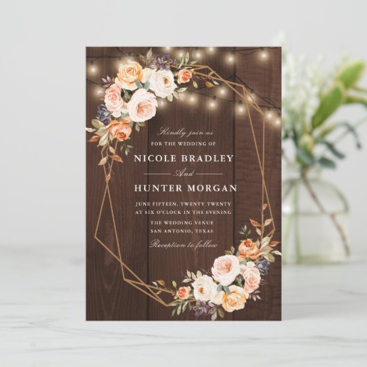 素朴な木製ストリングライト秋結婚フローラ 招待状 (スタンド正面)