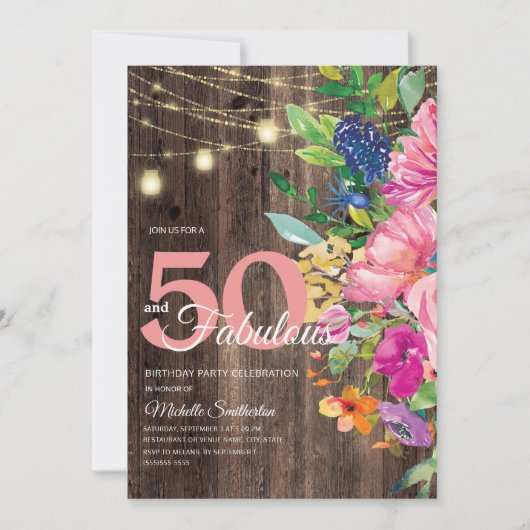 素朴な木製ピンクの花のイルミネーション 50歳おめでとう 招待状 (正面)