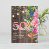 素朴な木製ピンクの花のイルミネーション 50歳おめでとう 招待状 (スタンド正面)