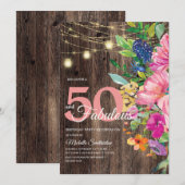素朴な木製ピンクの花のイルミネーション 50歳おめでとう 招待状 (正面/裏面)