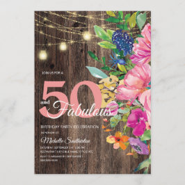 素朴な木製ピンクの花のイルミネーション 50歳おめでとう 招待状