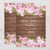 素朴な木製ピンクの花の結婚式 招待状 (正面/裏面)