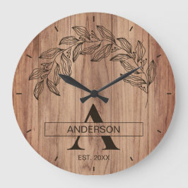 素朴な木製ファームハウス 家族名 モノグラム ラージ壁時計