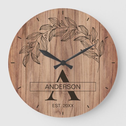 素朴な木製ファームハウス 家族名 モノグラム ラージ壁時計 (正面)