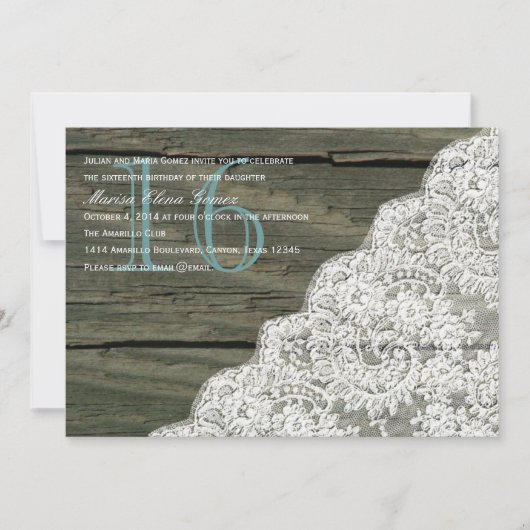 素朴な木製レースのスイート16歳の誕生日招待状 招待状 (正面)