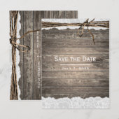 素朴な木製レースツイーン納屋結婚式のSave the Date 案内ポストカード (正面/裏面)