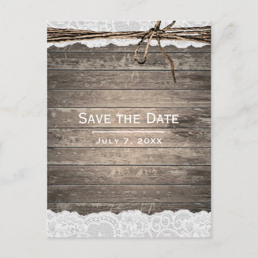 素朴な木製レースツイーン納屋結婚式のSave the Date 案内ポストカード (正面)
