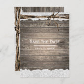素朴な木製レース糸納屋結婚式Save the Date 案内ポストカード (正面/裏面)
