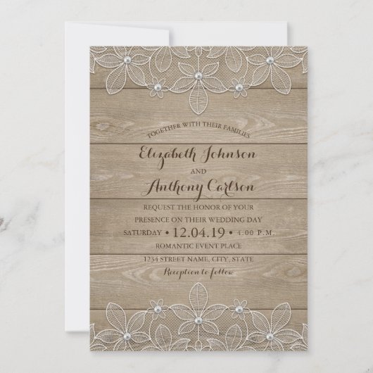 素朴な木製レース エレガント ヴィンテージ ラグジュアリー ウェディング 招待状 (正面)