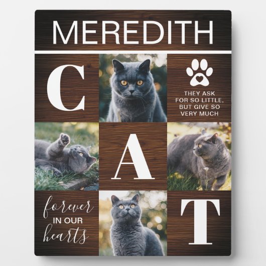 素朴な木製猫メモリアル写真 フォトプラーク (正面)