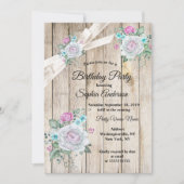 素朴な木製 ティールブルー 花柄 ピンク 誕生日パーティー 招待状 (正面)