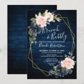 素朴な木製 ネイビーブルッシュ幾何学的なブランチとバブル 招待状 (正面/裏面)