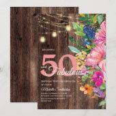 素朴な木製 ピンクの花のストリングライト 50 ファビュラス 招待状 (正面/裏面)