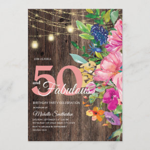 素朴な木製 ピンクの花のストリングライト 50 ファビュラス 招待状