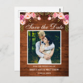 素朴な木製 ピンクの花の写真 セーブ・ザ・デート ポストカード (正面/裏面)