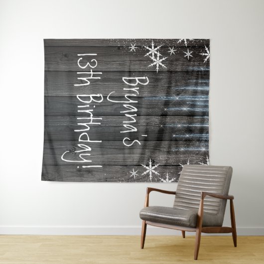 素朴な木製 凍結した氷の冬の雪の結晶の背景 タペストリー (インサイチュ(横))