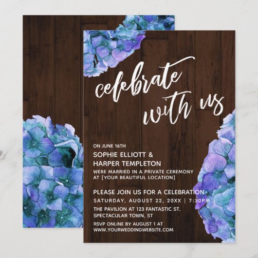 素朴な木製 青いハイドランジア お祝いに参加しよう 招待状 (正面/裏面)