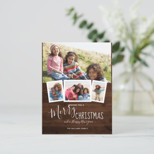 素朴な木製 4 枚の写真のコラージュ クリスマスをおめでとう シーズンポストカード (スタンド正面)