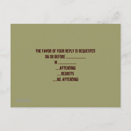 素朴な木西部の国迷彩柄ウェディングrsvp インビテーションポストカード (裏面)