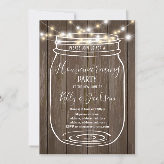 素朴な木、瓶、引っ越し祝いパーティーパーティー 招待状 (正面)