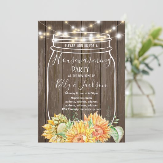 素朴な木、瓶、引っ越し祝いパーティーパーティー 招待状 (スタンド正面)